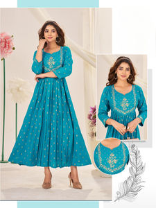 Rayonne élégante à la mode Anarkali Kurti avec travail imprimé et brodé parfait pour la fête et toutes les occasions - Product Image 3