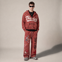 Ensemble de survêtement vintage personnalisé délavé et vieilli, 2 pièces, avec sweat à capuche court zippé orné de strass et pantalon de survêtement large, style streetwear