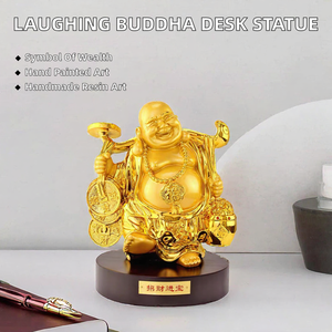 Statue de Bouddha rieur en résine dorée, sculptée à la main, avec pièces de monnaie, pot de richesse pour décorations de bureau, produits RTS - Product Image 2