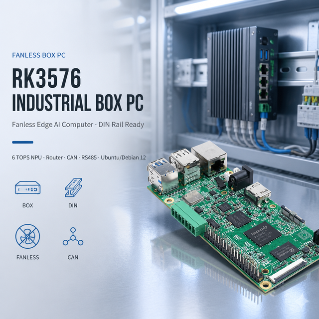 RK3576 Box Industrial Edge AI Computer Fanless 6 TOPS NPU Ubuntu Debian 12 Router DIN Rail CAN RS485 Embedded Industrial PC