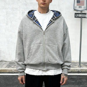 Haute Qualité Boxy Plaid Zipper Hoodie Personnalisé Poids Lourd Cropped Hoodies Fabricants Réversible Surdimensionné Zip Up Hoodie Hommes - Product Image 2