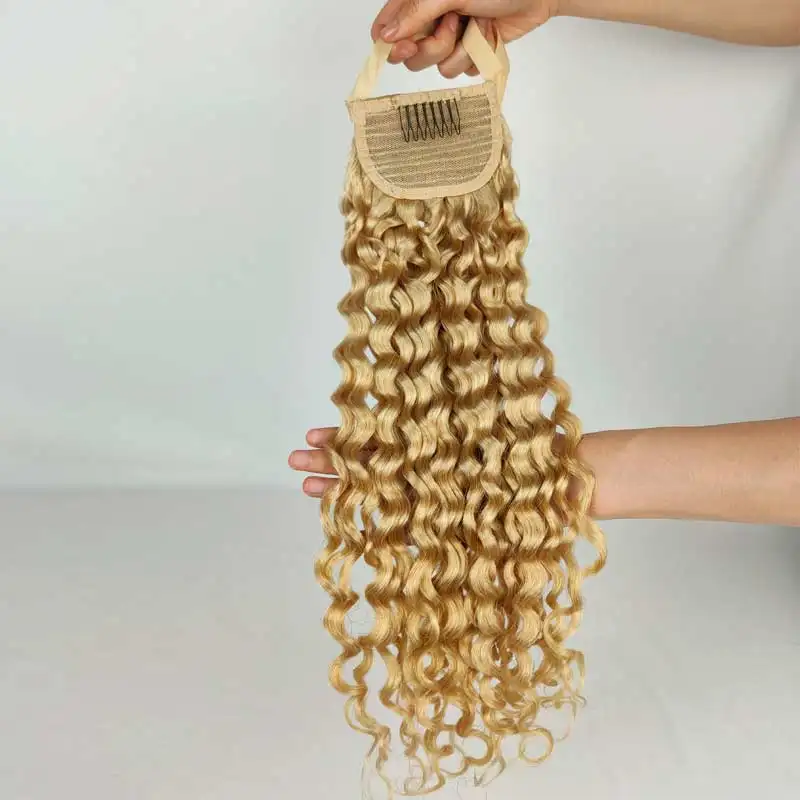곱슬 100% 인간의 헤어 금발 포니 테일 클립 탄성 밴드 인간의 머리카락 포니 테일 확장