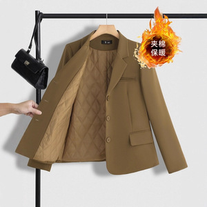 Women's Quilted Suit Jacket Warm Thickened Winter Coat Elegant Professional Full Sleeve Waist Cinching No Wrinkle Treatment - Product Image 1