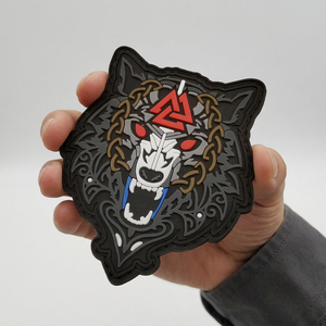 Custom Pattern Wholesale Supply Black Grey Red Nordic Wolf Head PVC Rubber Patch Norse Symbol <strong>Celtic</strong> Border Velcro Badge - Product Image 1