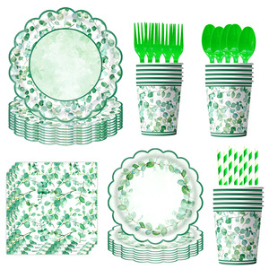 Ensemble de fournitures de fête à thème feuilles d'eucalyptus, 80-100 pièces, vaisselle en plastique, décorations d'anniversaire, thème vert sauge - Product Image 4