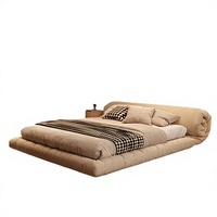 Lit double en tissu de style Parksheng, avec rangement intégré au sol, en pin massif, design nordique moderne et minimaliste, style tatami, finition luxe léger