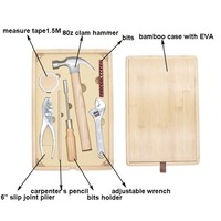 Kit d'outils ménagers en bambou, ensemble de réparation portable avec marteau, pinces, clé, mètre à ruban, porte-embouts, étui