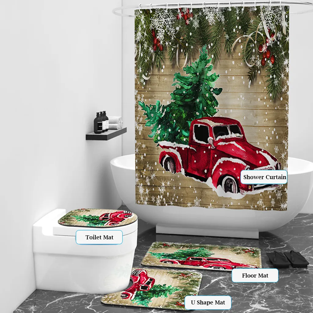 Customized Bathroom Waterproof Polyester Christmas Car Trees 4PCS Shower Curtain Set