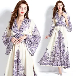 European station spring and summer retro court style flared sleeves printed long lace fashion casual dresses