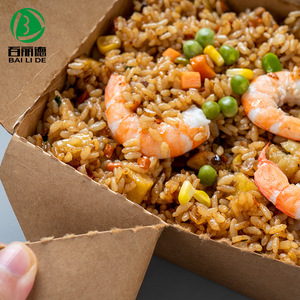 กล่องอาหารกลางวันกระดาษคราฟท์ Bai Li De แบบใช้แล้วทิ้ง ย่อยสลายได้ รูปทรงสี่เหลี่ยมผืนผ้า ใช้กับไมโครเวฟได้ เหมาะสำหรับข้าวผัด สลัด และอาหารแบบนำกลับบ้าน - Product Image 1
