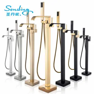 Square Black Gold Bathtub Shower Faucet Free Standing Bath Spout Faucet Floor Mount Bathroom Crane Hot Cold Clawfoot Tub Mixers