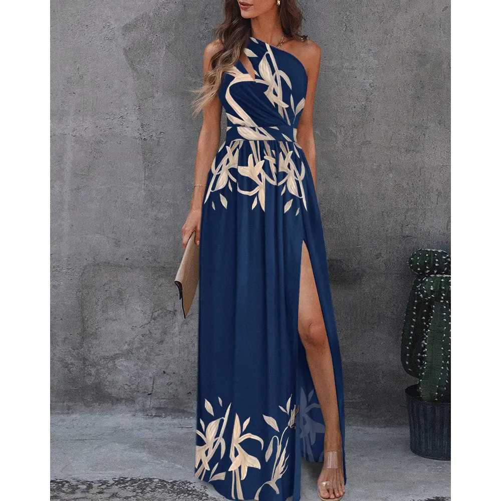 Hot Selling European And American Women's Clothing Long Dress Printed Shoulder Temperament High Waist Sexy Slit Dress