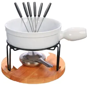 Aangepaste Witte Keramische Kaas Fondue Set Met Houten Plaat