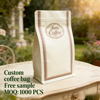 Sachet de café imprimé en héliogravure personnalisé, fond plat, en aluminium, avec valve de dégazage, résistant à l'humidité et aux odeurs, fermeture éclair supérieure