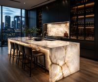 Cuisine modulaire de luxe moderne KEJIA avec îlot cascade rétroéclairé, design minimaliste, ensemble d'armoires de cuisine bleues