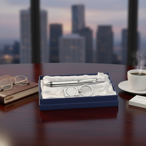 Set di penna a sfera cromata e portachiavi in confezione regalo, strumento di scrittura di alta qualità con anello portachiavi in metallo per uomo, regali aziendali - Product Image 3