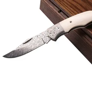 Full Damascus Steel While Ox Horn Handle Knife Camping Pocket Small Folding Utility Knife