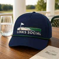 Gorra de golf de cuerda azul marino al por mayor con visera curva, insignia de Links, paquete para eventos de resort para compradores de hostelería con etiqueta personalizada
