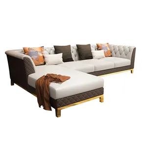 现代绿色真皮欧式风格大型金色底座L造型沙发