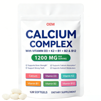 Complexe de calcium et de vitamines OEM 1200 mg avec vitamines D3, K2, B1, B2, B12 en gélules pour la force osseuse et l'absorption du calcium, 120 gélules