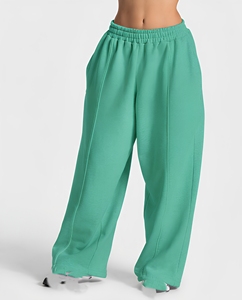 Custom Teal Green Elastic High Waist Women's Wide Leg Casual <b>Fleece</b> <b>Trousers</b> Private Label OEM Apparel Manufacturer USA UK EU - Product Image 1