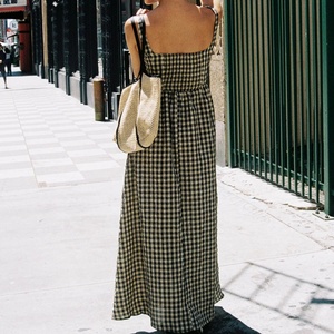 Premium Quality Gingham Cotton Linen Maxi Dress Women's <b>Spaghetti</b> <b>Strap</b> Square Neck A-Line Casual Natural Waist Dress - Product Image 2