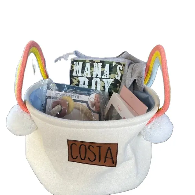 Canvas Easter Basket With Rainbow Handle And Pompom Personalized Easter Bucket With Engraved PU Name Tag Kids Best Gift