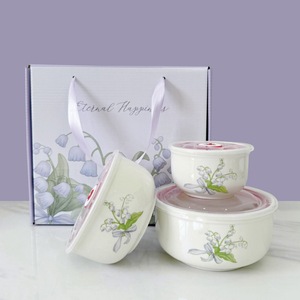 Ensemble de bols en céramique à motif de fleurs de muguet, multifonctionnels, pour la fraîcheur, ensemble de trois bols en céramique, cadeaux de mariage, boîte - Product Image 2