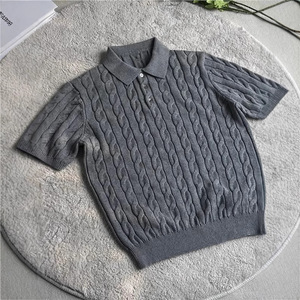 Suéter de Punto Trenzado de Manga Corta con Cuello Polo, Color Sólido Gris, Negro, Caqui, Tops de Punto para Mujer, Estilo Primavera-Verano para Adolescentes - Product Image 4