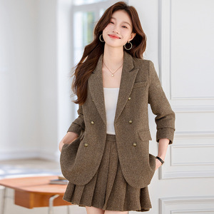 Women's Herringbone <b>Blazer</b> Skirt Suit <b>Set</b> Full Sleeve Autumn Casual Anti-Wrinkle Short Skirt Outfit - Product Image 2