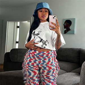 BR3767 femmes taille haute tricoté gland pantalons décontractés contraste couleur mince rue <span class=keywords><strong>raquette</strong></span> haut-parleur automne Style droit - Product Image 4