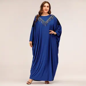 Vestido solto com apliques de renda árabe muçulmano com borla branca preta manga longa