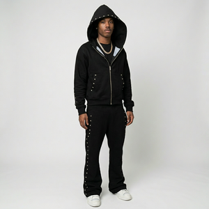 Men's Black Hooded Tracksuit Full Zipper Rhinestone Detail Streetwear Sweat Suit Regular Fit Solid Color Autumn Wear - Product Image 1
