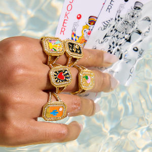 Yeni varış yağ damla <span class=keywords><strong>Tarot</strong></span> Divination yüzük emaye zirkon kare yıldız ay kalp Charm açık yüzük nişan için - Product Image 1