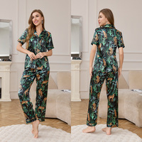 Ensemble pyjama en satin soyeux imprimé tropical pour femmes, manches courtes, pantalon long, col boutonné, pyjama d'été soyeux, vêtements de nuit