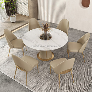 Luxury White Rock Slab Dining <b>Table</b> Round <b>Expandable</b> Champagne Gold Flared Base 4-8 Seater Home Restaurant Hotel Furniture - Product Image 4