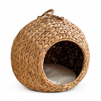Nid pour animaux de compagnie en jacinthe d'eau tressée à la main, écologique, avec coussin, lit-caverne pour chat, portable, rond, pour intérieur