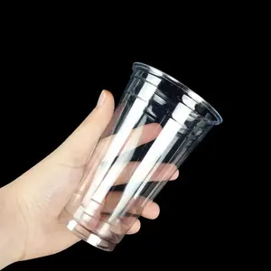 牛奶波霸泡茶水果沙拉16盎司带盖和吸管塑料杯批发透明塑料平盖宠物杯