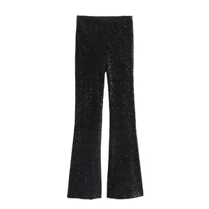 Pantalones acampanados de moda informal de longitud completa con lentejuelas y cremallera de color negro para mujer 8762873