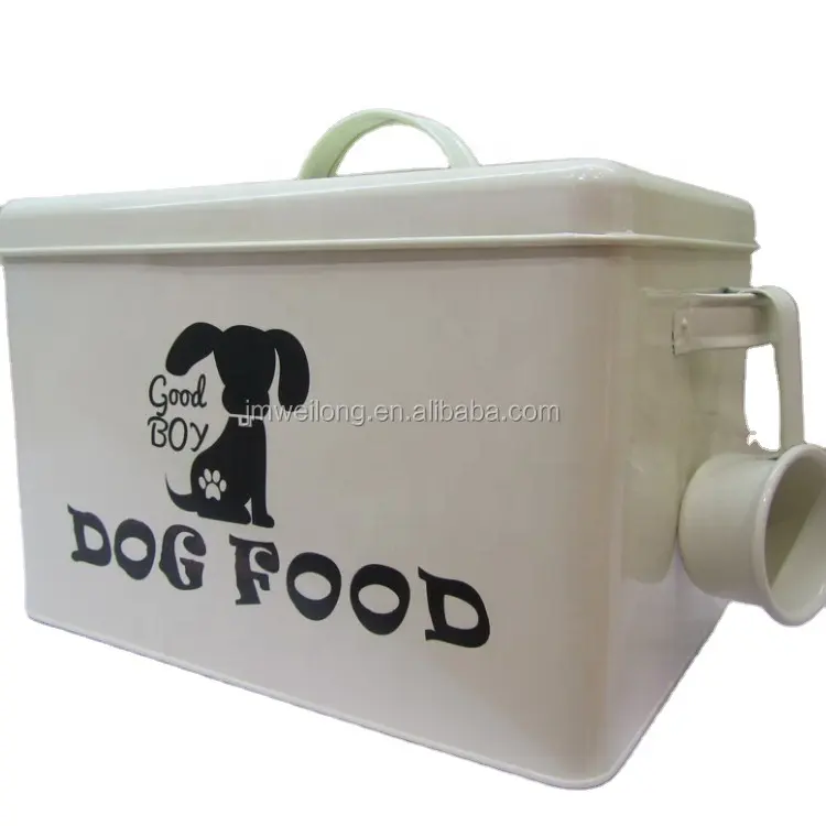 Metal evcil hayvan yem kabı/galvanizli köpek gıda saklama kutusu/ev teneke kutu kaşık ile