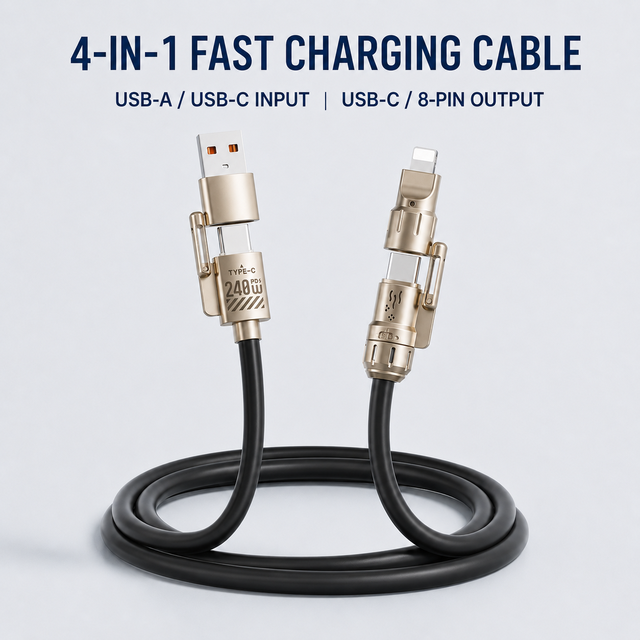 240W C-C 4-in-1 USB-C Charging Data Cable E-Marker Liquid Silicone Zinc Alloy Multi Connector Wholesale OEM
