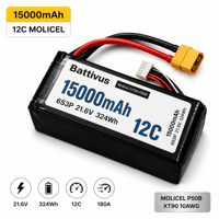 Batterie de drone de course à décharge rapide BATTIVUS 15000mAh 21.6V 324Wh 6S3P Molicel P50B Akku Pack 180A XT90 Vente en gros OEM 12C 15Ah