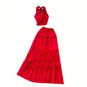 Summer Women's <b>Sexy</b> Solid Woven Halter Backless Tunic Top and High Waist Skirts <b>Set</b> Polyester/Cotton Anti-Wrinkle Wholesale - Product Image 5