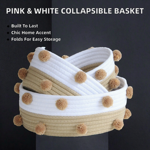 Cesta de Algodón Tejida Plegable Pequeña Rosa y Blanca con Pompones para Maquillaje, Toallas y Regalos, Ideal para Sala de Estar - Product Image 2