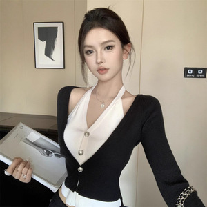 Faux Two Piece V Neck <b>Long</b> Sleeve Halter <b>Sweater</b> <b>Cardigan</b> For Women Autumn Slim Fit Short Top Solid Color Contrast Design - Product Image 2