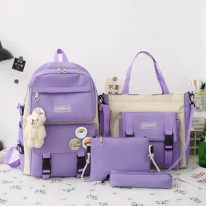 Tas Ransel Sekolah Versi Korea, Tas Ransel Sekolah Kapasitas Besar, Tas Kanvas Pelajar, Tas Punggung Manis untuk Anak Perempuan Isi 4 Buah/Set