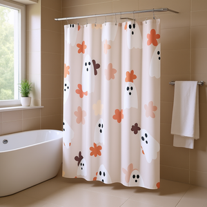 Cortina de ducha con diseño floral de fantasmas y ganchos para baño, diseño de dibujos animados, material de tela - Product Image 2