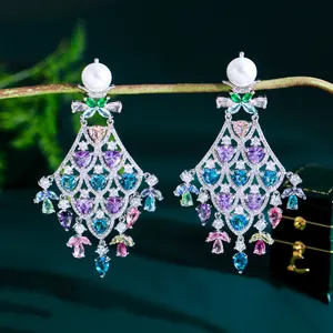 2023 nueva tendencia de lujo Chunky Cubic Zirconia Pave Multicolor grande candelabro largo gota colgante fiesta nupcial pendientes para mujer