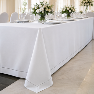 Wholesale White Polyester Hemstitch Rectangle <b>Tablecloth</b> Water Repellent Option Banquet Event Linen - Product Image 1
