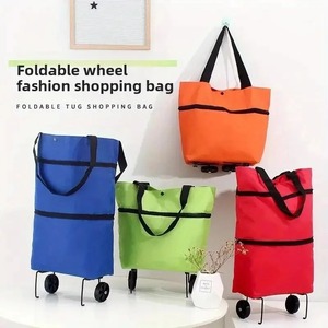 2 in 1 <b>Foldable</b> Storage Bag with Wheel Oxford Cloth Waterproof Grocery Bag Large Capacity Lightweight Shopping <b>Trolley</b> - Product Image 2